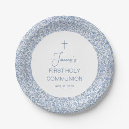 Prato De Papel First Communion Boy Blue and White Floral Pattern