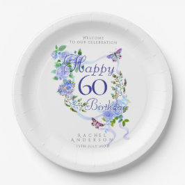 Prato De Papel Fita de Rosa Azul Aniversário de 60 anos