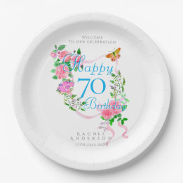 Prato De Papel Fita de Rosa Rosa Aniversário de 70 anos