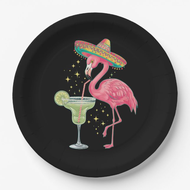 Prato De Papel Flamingo Bebendo Margarita Engraçado Poncho Mexica (Frente)