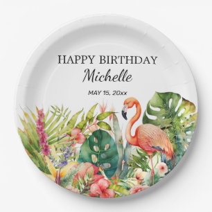 Prato De Papel Flamingo Floral Tropical Feliz Aniversário Nome