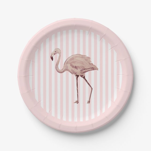 Prato De Papel Flamingo Pink Stripe Birthday Tropical (Frente)