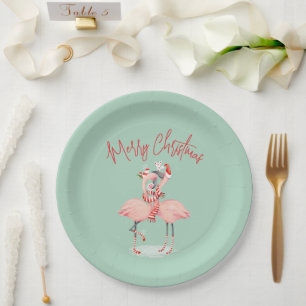 Prato De Papel Flamingo Rosa Tropical Com Chapéus de Papai Noel N