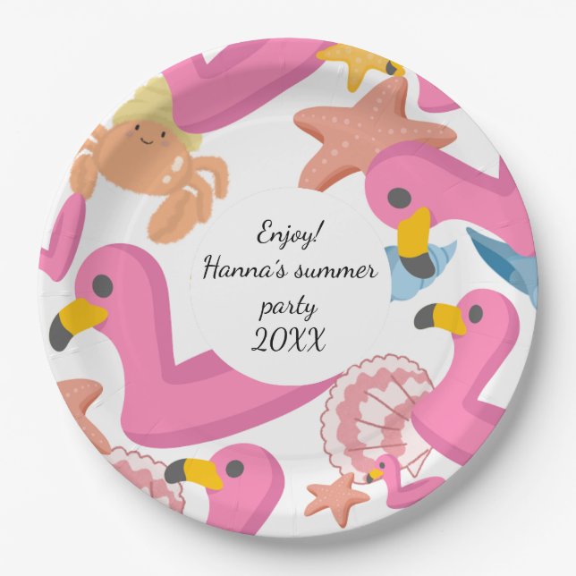 Prato De Papel Flamingo summer party text (Frente)