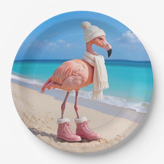Prato De Papel Flamingo Wearing Winter Scarf and Hat (Frente)
