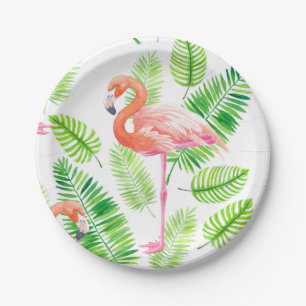 Prato De Papel Flamingos e folhas tropicais