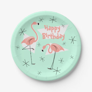 Prato De Papel Flamingos Retro Green Happy Birday