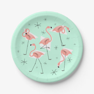Prato De Papel Flamingos Retro Verde