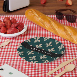 Prato De Papel Fleur de Lis, Beige on Green, Royal, Your Name