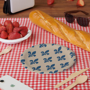 Prato De Papel Fleur de Lis Pattern, Royal French Blue em Creme