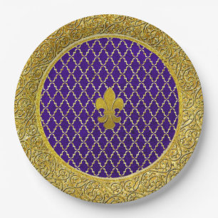Prato De Papel Fleur-de-lis, roxo e Dourado, em qualquer ocasião