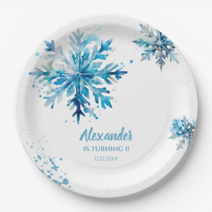 Prato De Papel Floco de neve Aquarela Azul Inverno ONEderland