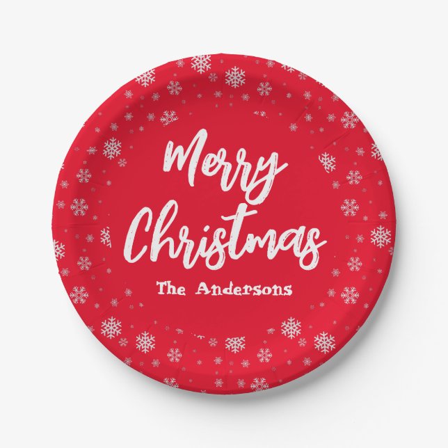 Prato De Papel Floco de neve branco vermelho Simples Elegante Fel (Frente)