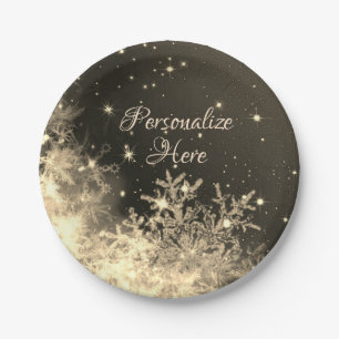Prato De Papel Floco de neve brilho dourado creme marrom inverno