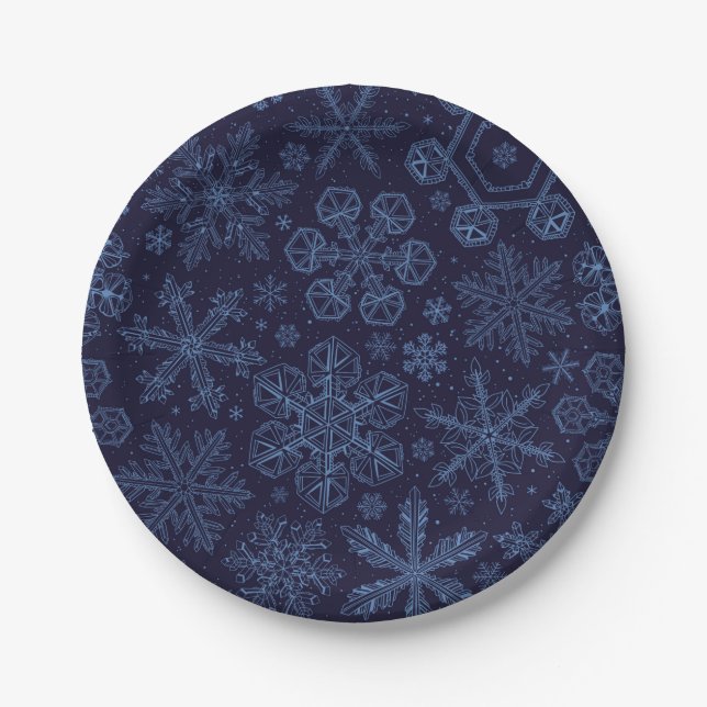 Prato De Papel Flocos de neve azuis em azul (Frente)