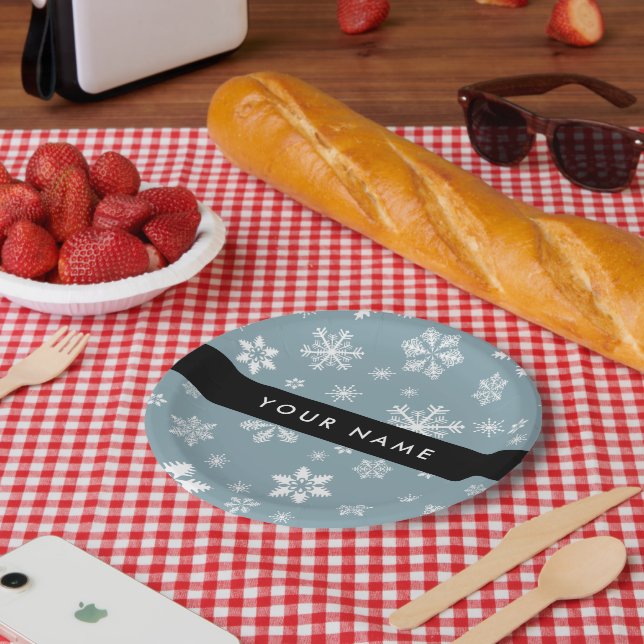 Prato De Papel Flocos de neve brancos, Cinzas, seu nome, Personal (Piquenique)