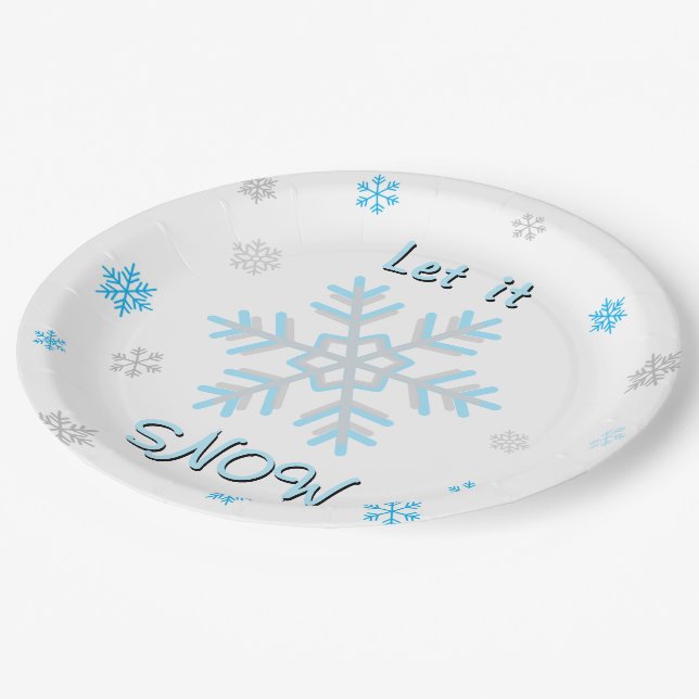 Prato De Papel Flocos de Neve Cinza Prata Azul Deixe Nevar (Inclinado)
