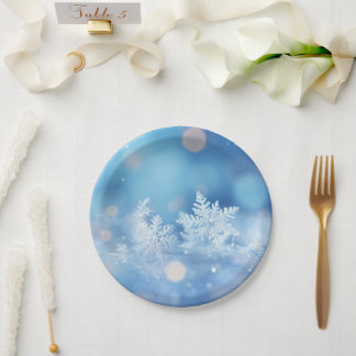 Prato De Papel Flocos de Neve de Inverno Personalizados Bokeh Azu