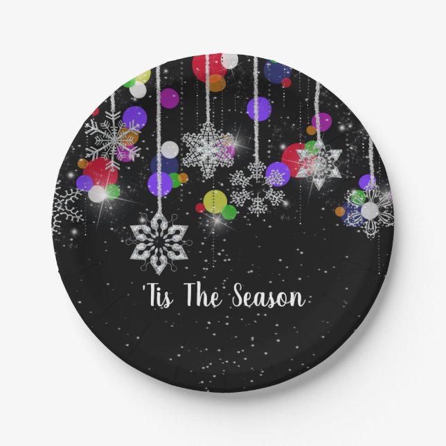 Prato De Papel Flocos de neve de Natal em Preto (Frente)