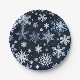 Prato De Papel Flocos de neve Design azul-de-inverno