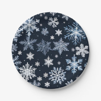 Prato De Papel Flocos de neve Design azul-de-inverno
