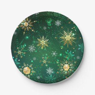 Prato De Papel Flocos de neve do Ouro Xmas em fundo verde