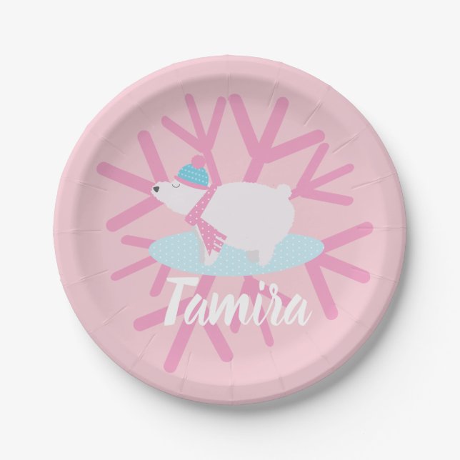 Prato De Papel Flocos de neve do Partido do Urso Polar Natal (Frente)