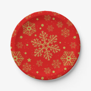 Prato De Papel Flocos de neve ouro em vermelho