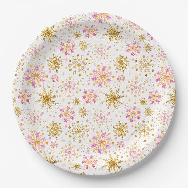 Prato De Papel Flocos de Neve Rosa e Dourado de Inverno (Frente)
