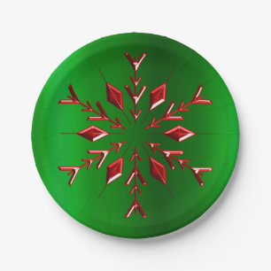 Prato De Papel Flocos de neve vermelhos no Natal verde