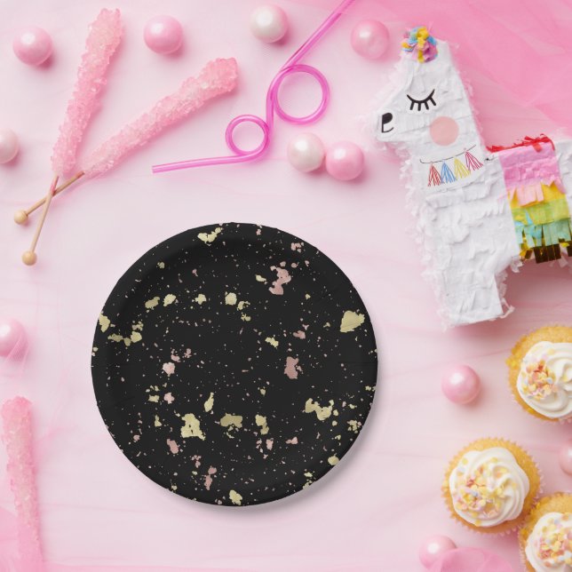 Prato De Papel Flocos Dourados e Rosa Dourados Pretos (Festa)