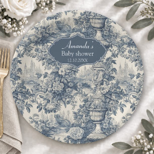 Prato De Papel Flor chic vintage monograma azul toile de jouy