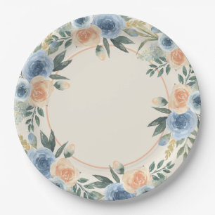 Prato De Papel Flor de Aquarela Azul e Pêssego