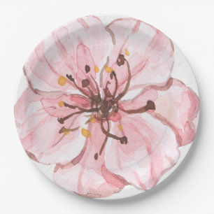Prato De Papel Flor de Cerejeira Rosa Ilustrada à Mão