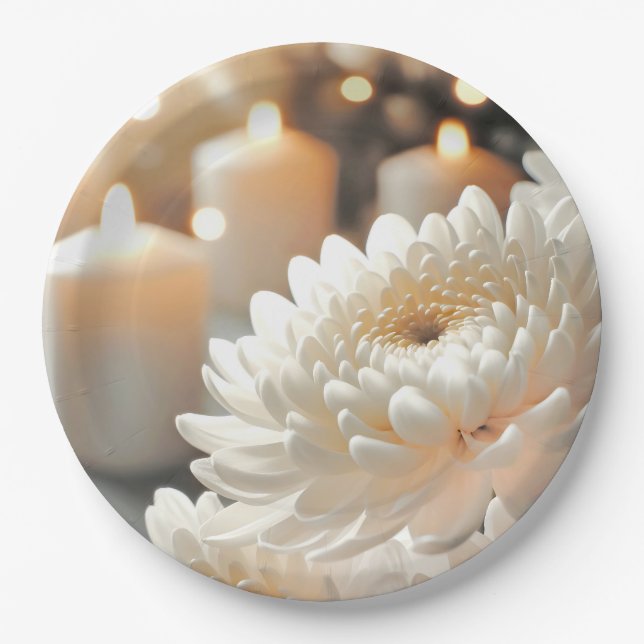 Prato De Papel Flor de Crisântemo Branco e Velas (Frente)