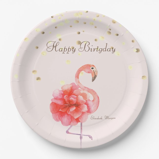 Prato De Papel Flor de Flamingo Rosa,Confete Dourado   (Frente)