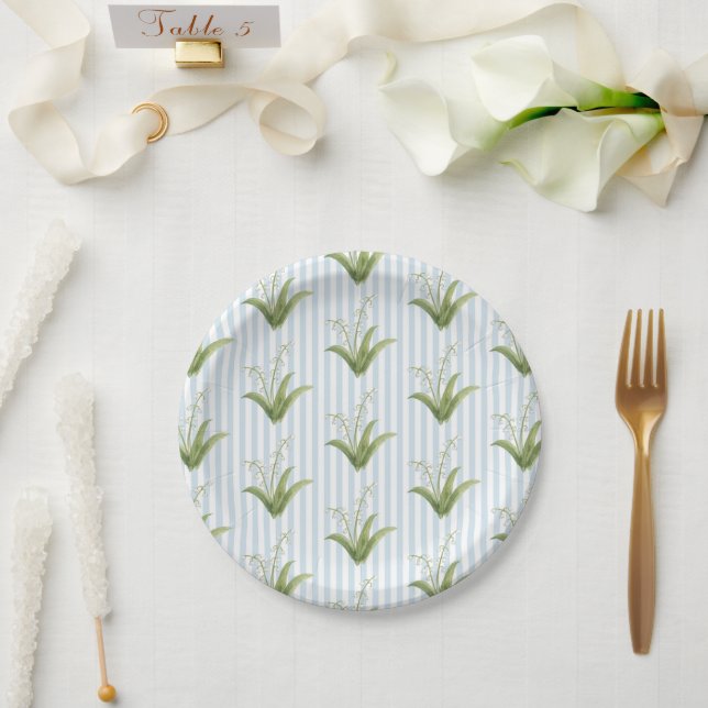Prato De Papel Flor de Maio Branca com Listra Azul (Casamento)
