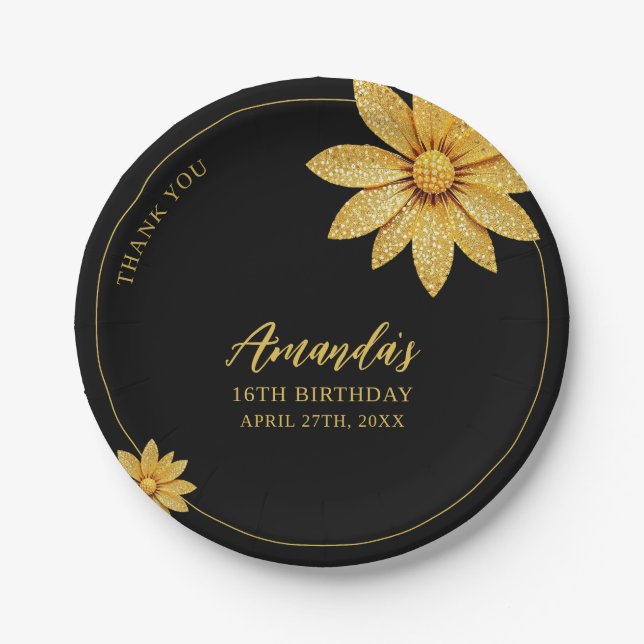 Prato De Papel Flor Dourada Elegante Doce 16 Aniversário (Frente)