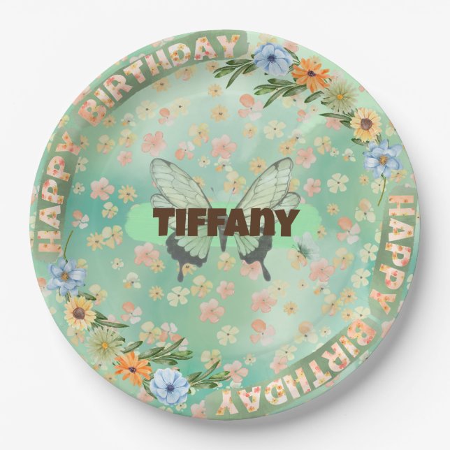 Prato De Papel Flor e Borboleta - Placa de Aniversário (Frente)