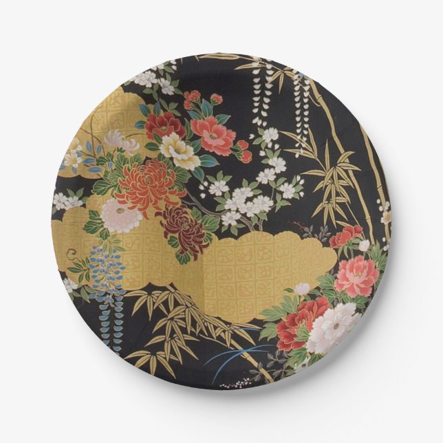 Prato De Papel Flor Floral Kimono japonês, preto e Dourado (Frente)