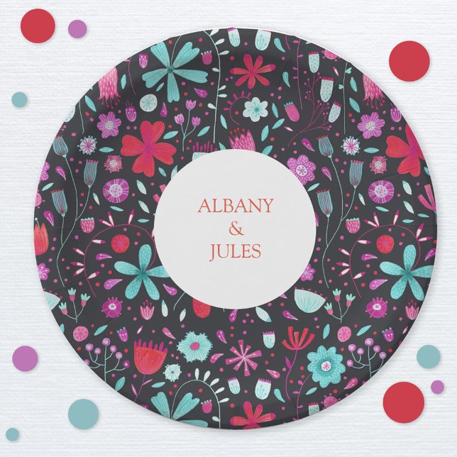 Prato De Papel Flor Meadow Watercolor Dark (Dark boko floral personalized wedding celebration paper plate)
