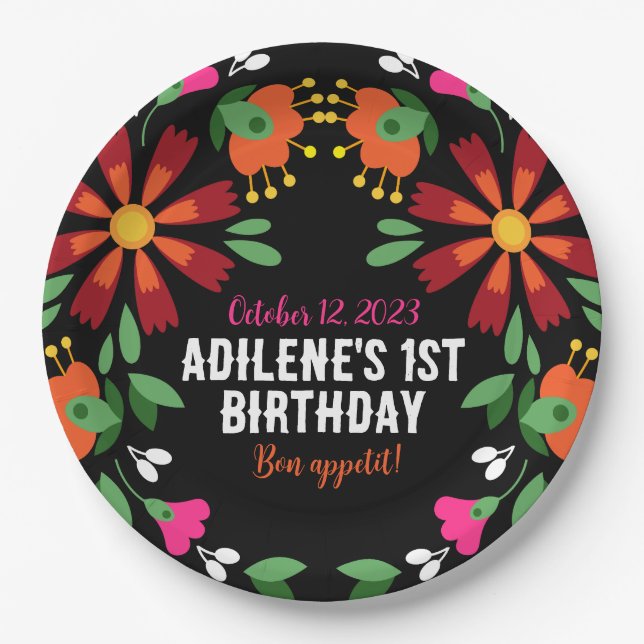 Prato De Papel Flor Negra Fiesta Embroborada Mexicana (Frente)