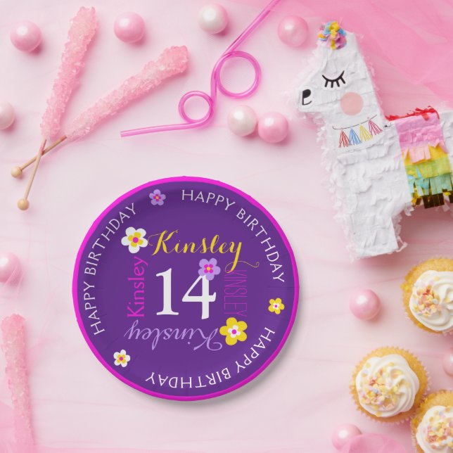 Prato De Papel Flor personalizado idade 14 roxo de aniversário (Festa)