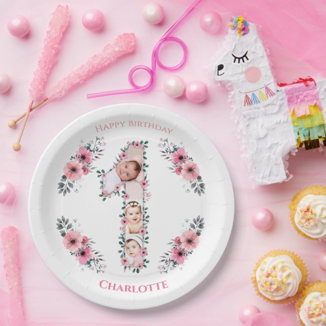 Prato De Papel Flor rosa Coluna de Fotos de primeiro aniversario  (Festa)