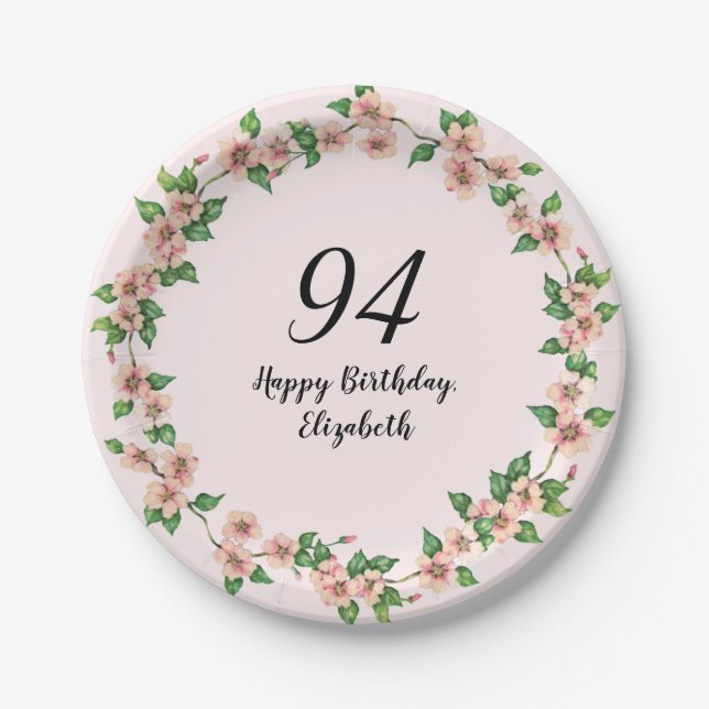 Prato De Papel Floral 94th Birthday Pretty Blush Pink (Frente)