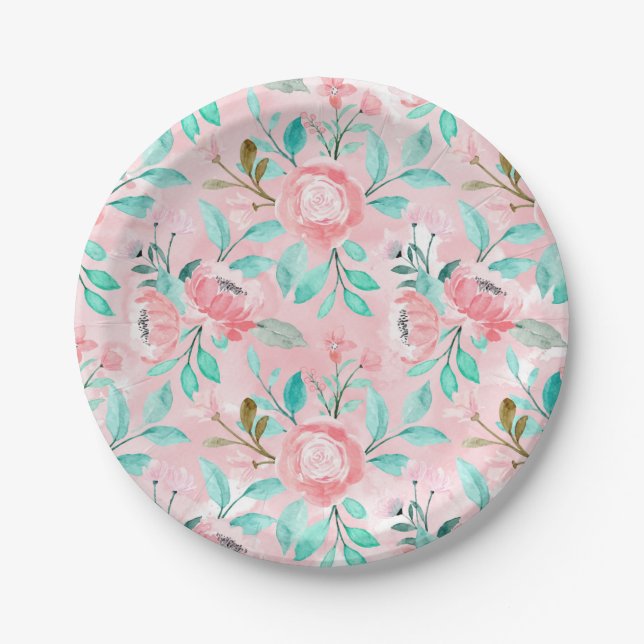 Prato De Papel Floral Aquarela Rosa (Frente)
