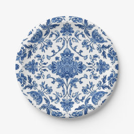 Prato De Papel Floral Azul Chinoiserie Aquarela Branca
