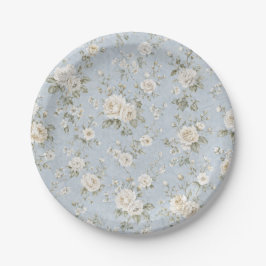 Prato de Papel Floral Azul e Branco para Festa