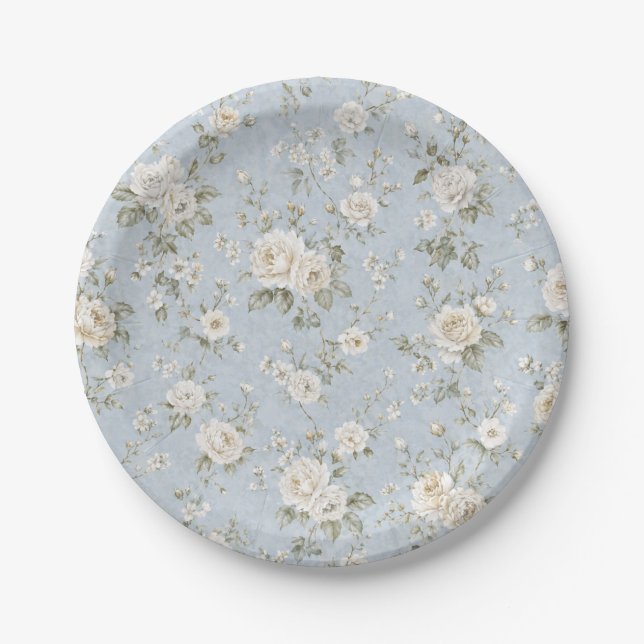 Prato de Papel Floral Azul e Branco para Festa (Frente)