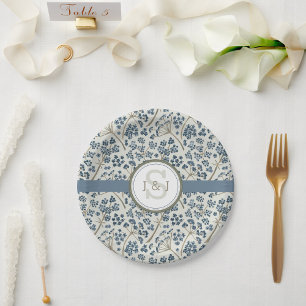 Prato De Papel Floral Azul Monogramado em Aquarela
